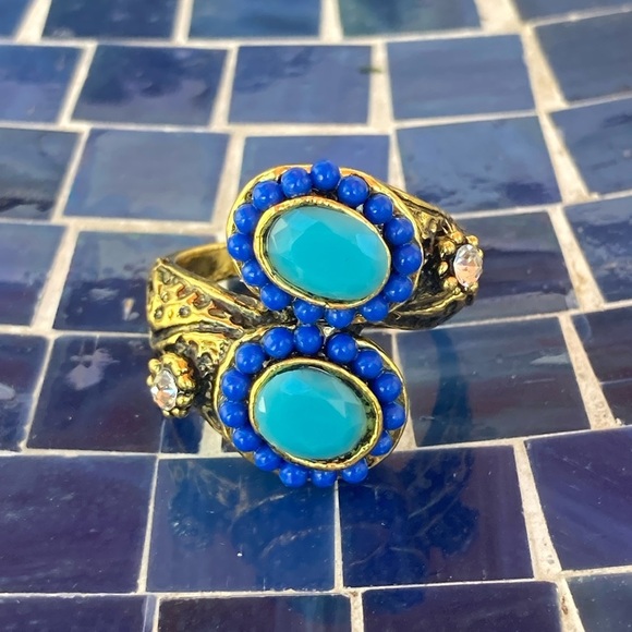 None Jewelry - Blue Turquoise-Accent Double Stone Adjustable Ring